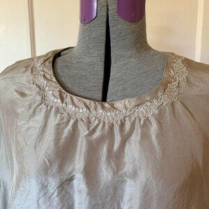 Adrian Jordan VTG 18/20 Blouse Top 100% Silk Short Sleeve Embroidered Beige Tan